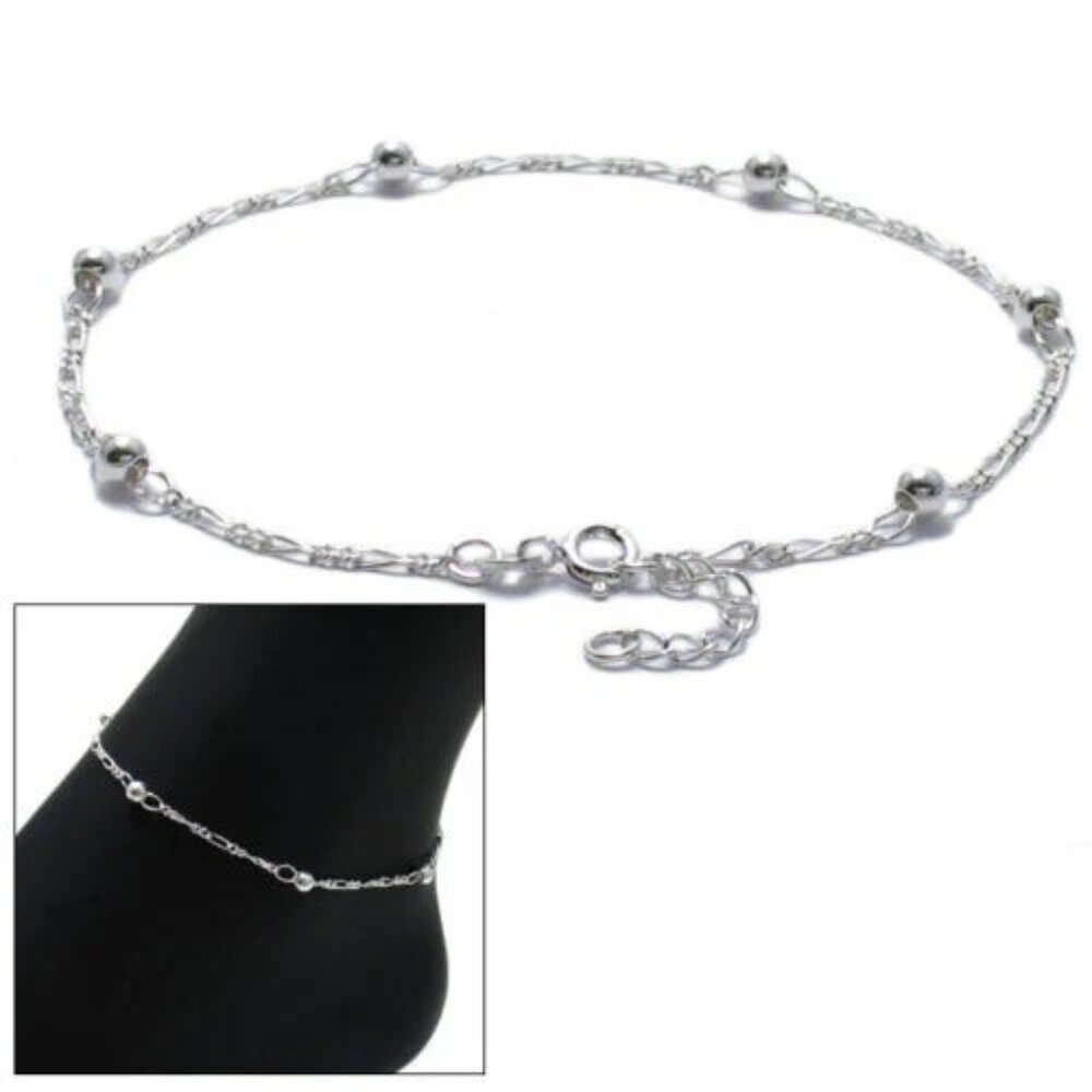 CLASSIC STERLING SILVER 9"-10" ADJUSTABLE BEADED FIGARO CHAIN ANKLE BRACELET.